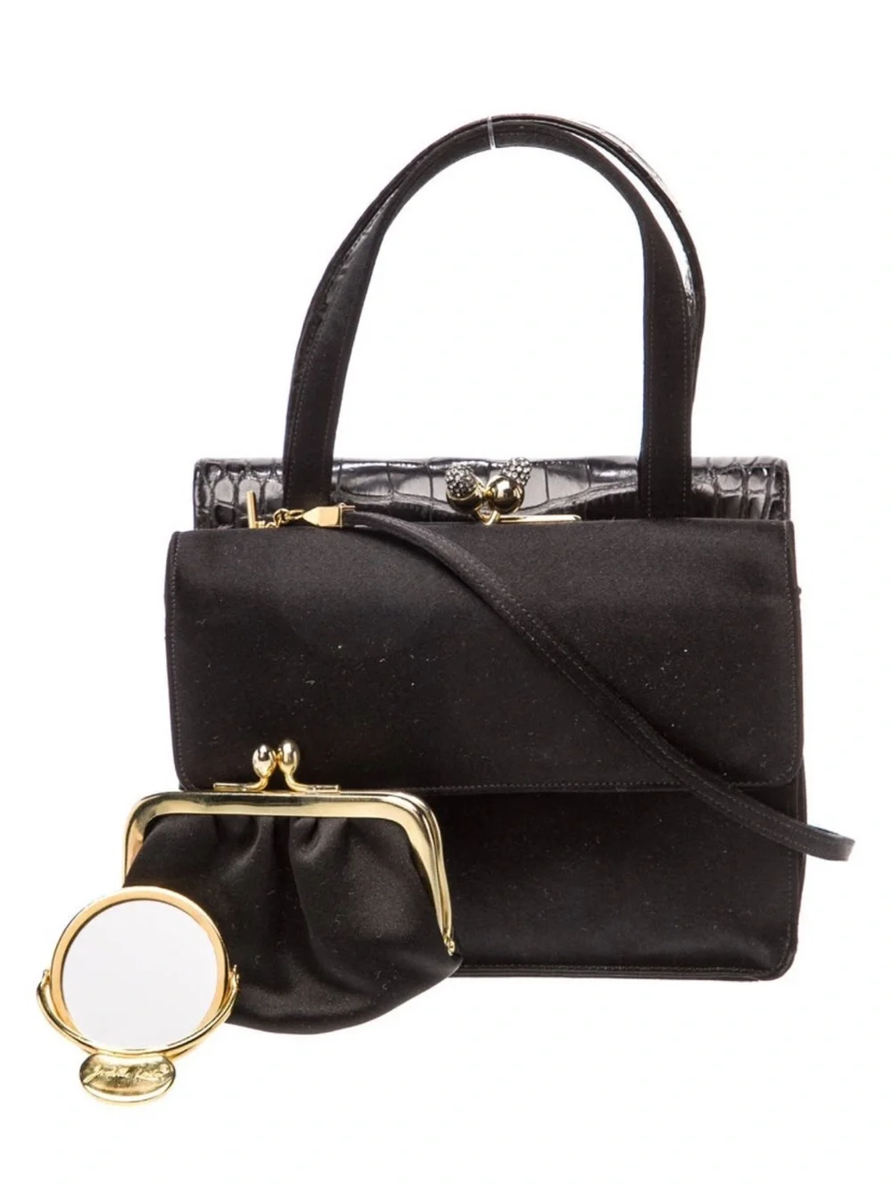 Judith Leiber Black Croc-Embossed Top-Handle Satchel with Gold Accent